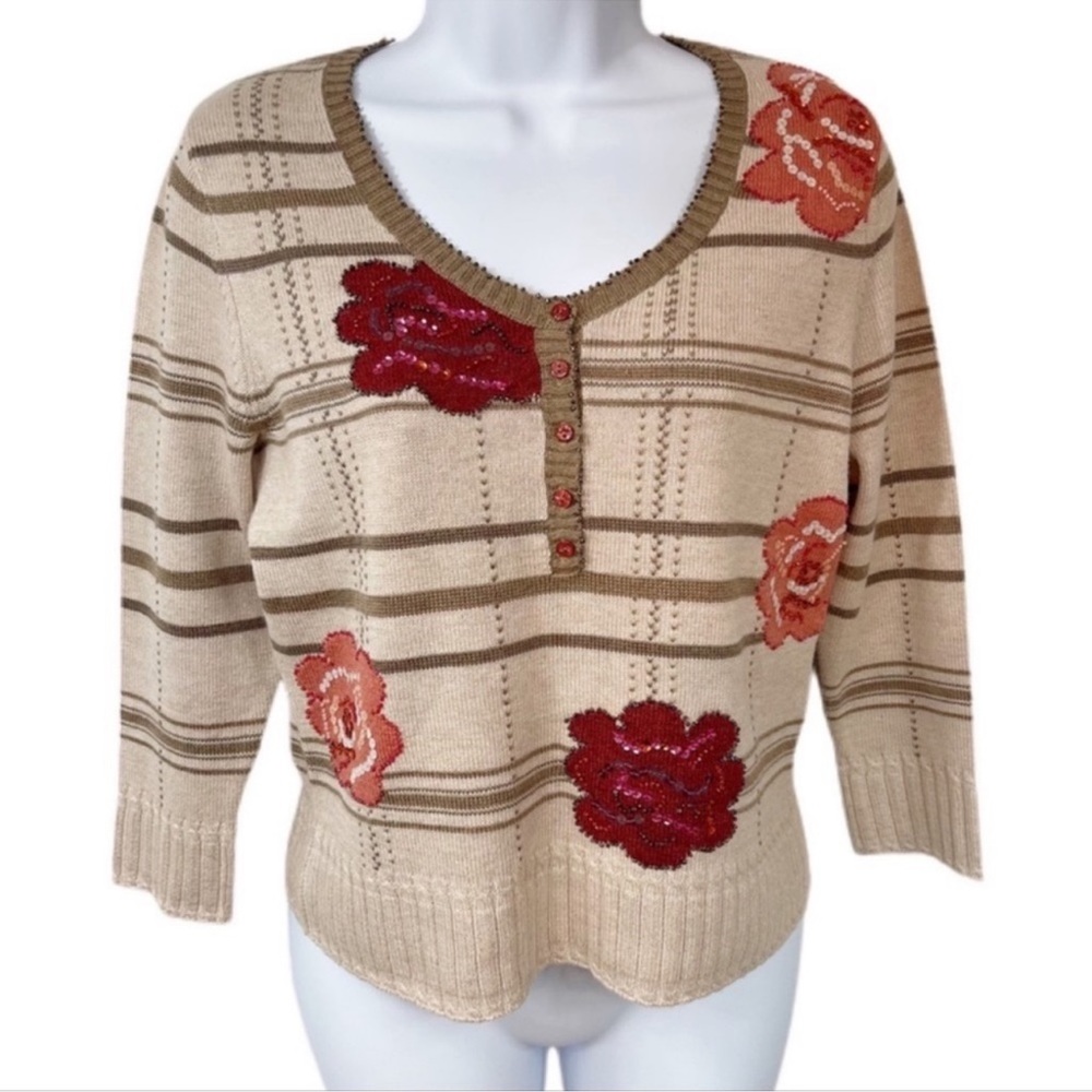 Sigrid Olsen Sweater Silk Blend Beaded Floral Oatmeal Size Medium
